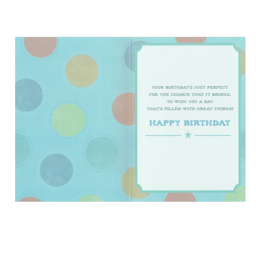 Front of this card features the text 'Happy Birthday' 'ENJOY YOUR DAY!' with circle shapes on a blue background.