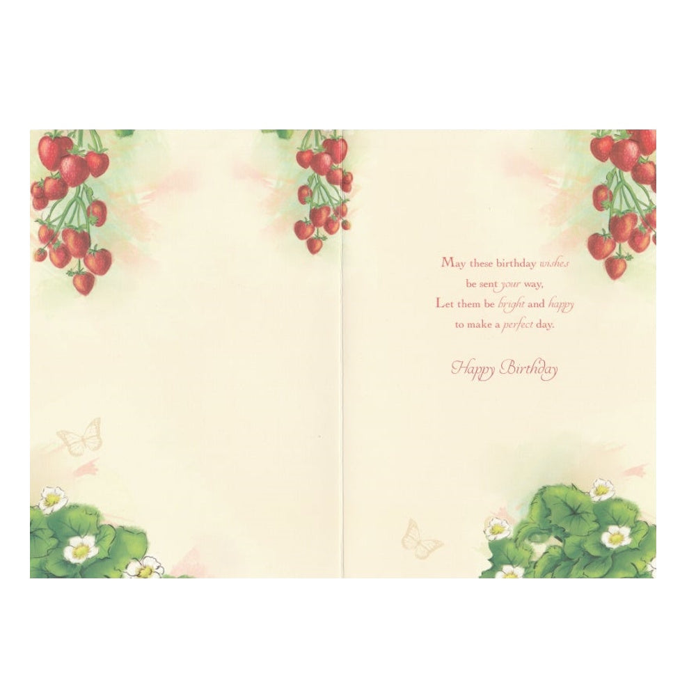 Front of this card features an illustration of strawberries and butterflies, paired with a message.