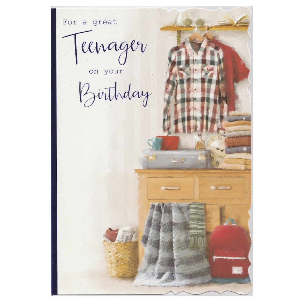 Front of this card features illustrations of a checked shirt, clothing, and accessories displayed on a shelf, with the text 'For a great Teenager on your Birthday'.