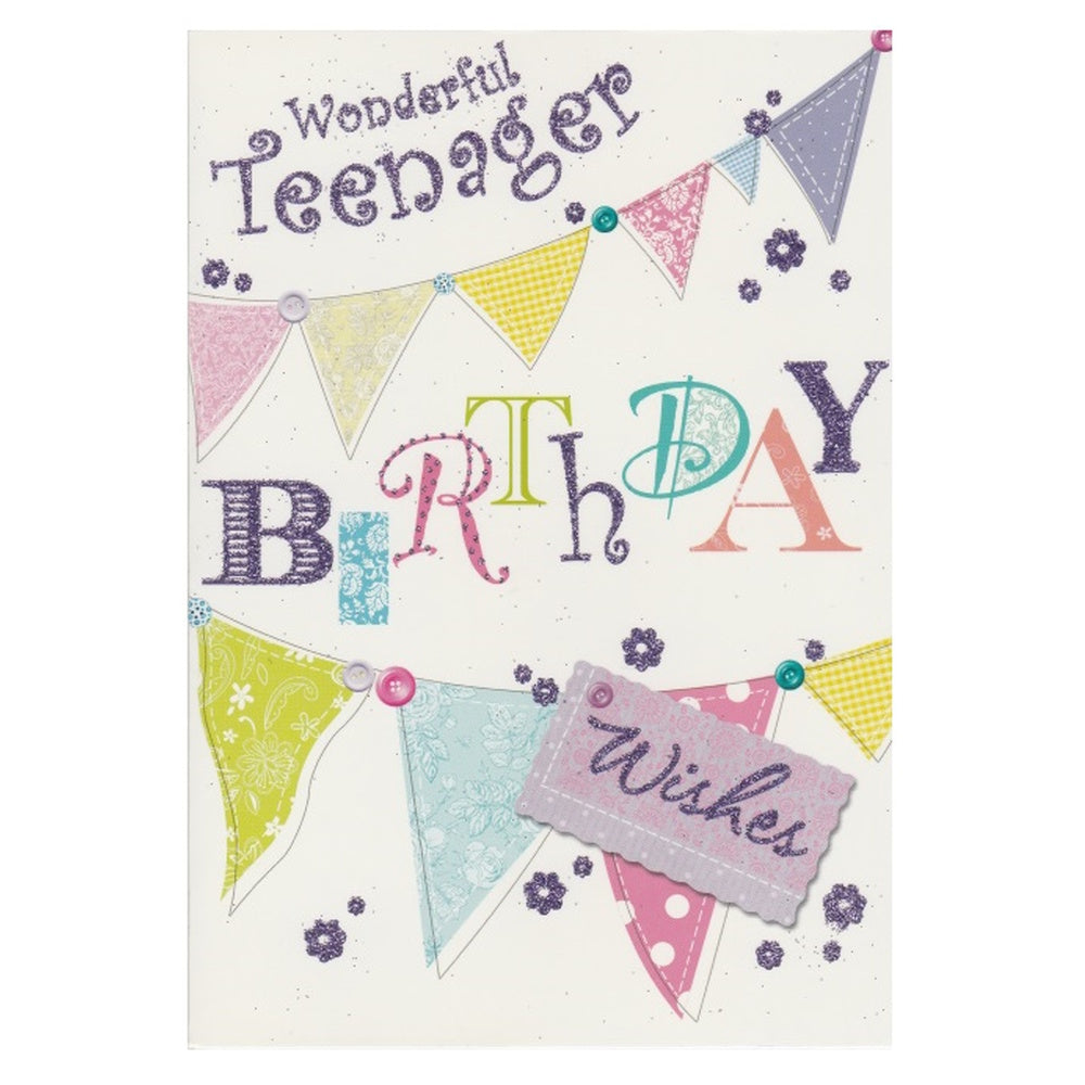 Front of this card features multicoloured bunting fastened onto a line by buttons with the text 'Wonderful Teenager BIRTHDAY Wishes', as shown in product photo.