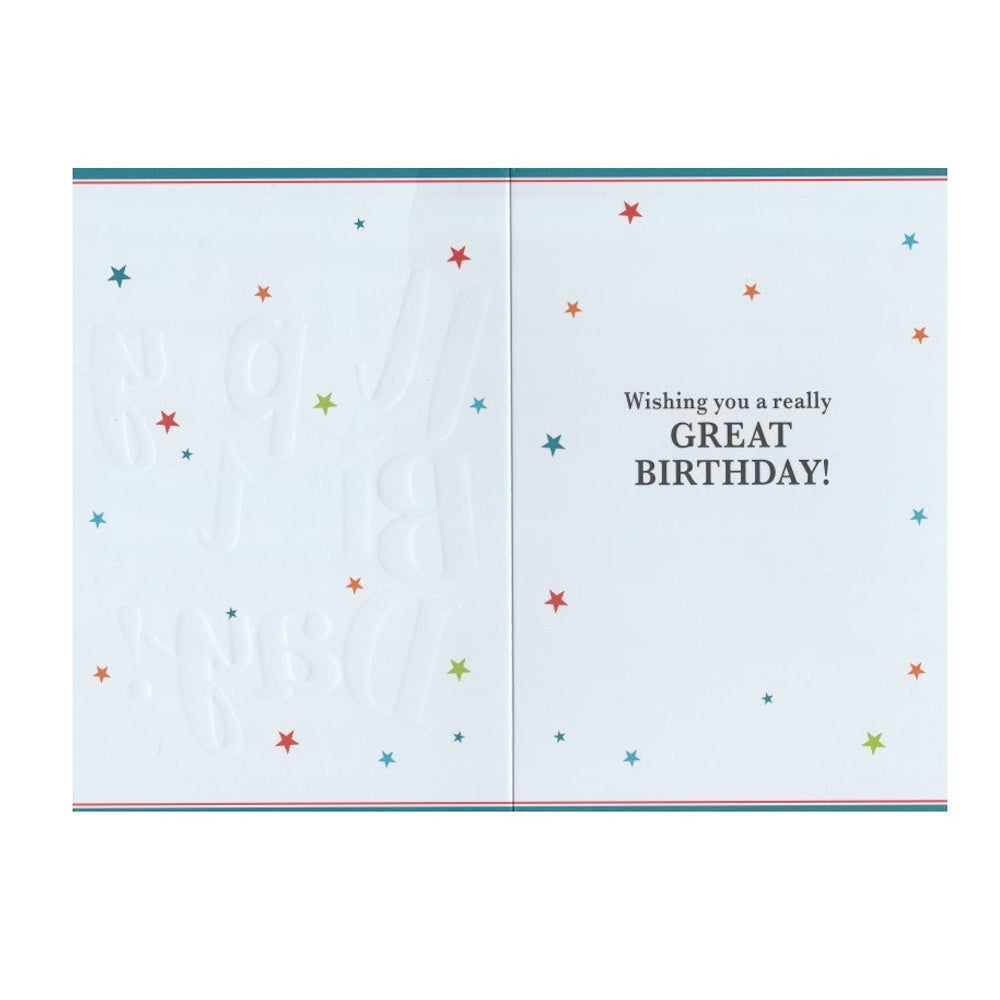 Front of this card features the colourful text 'Have a very happy birthday!' on a blue background.
