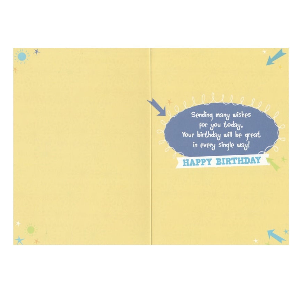 Front of this card features the colourful text "Happy Birthday To You" on a red background with arrows and star decorations.