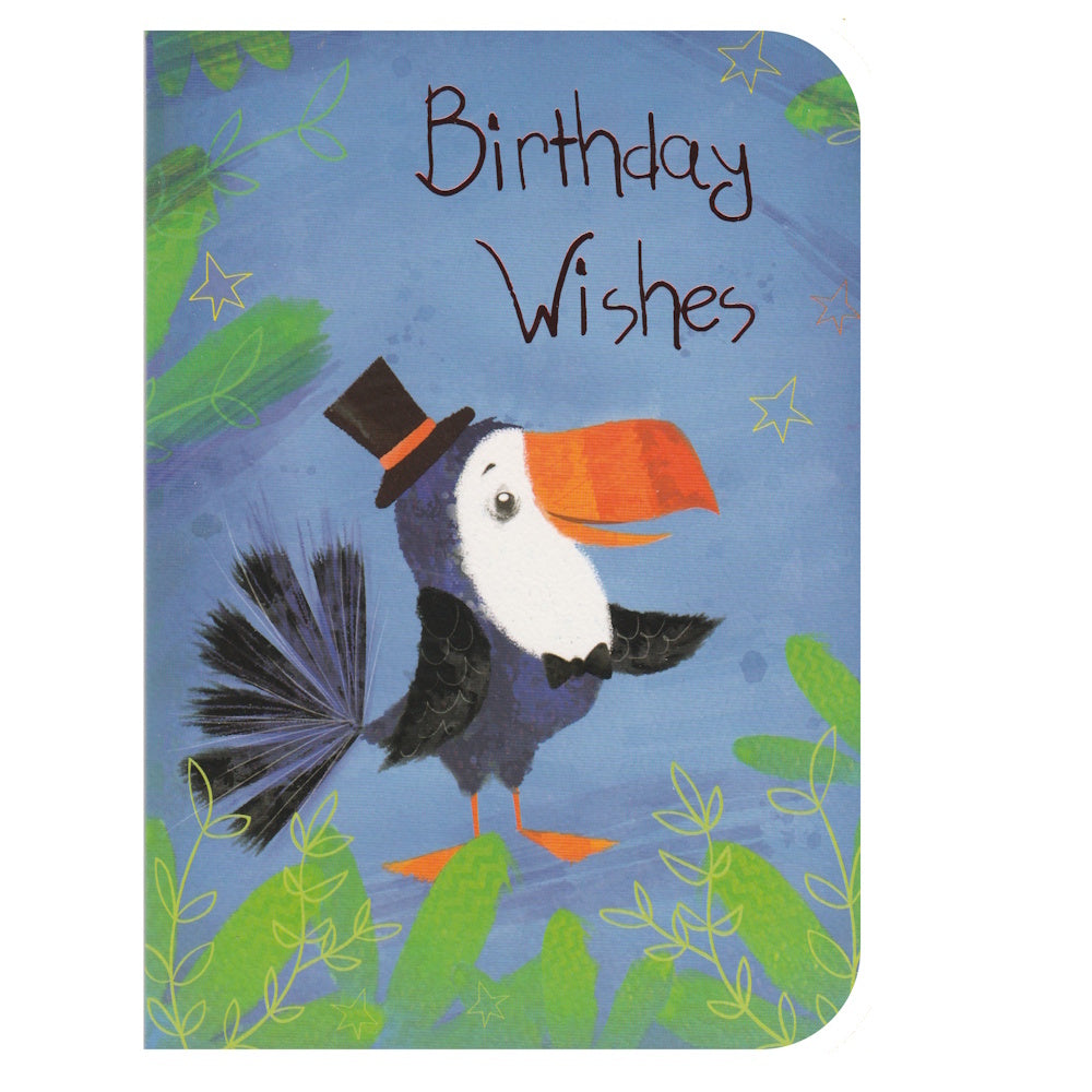 Front of this children's birthday card features the text 'Birthday Wishes' with an illustration of a cartoon toucan wearing a top hat.