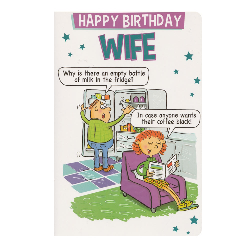 Front of this card features a cartoon illustration of a husband asking his wife about an empty bottle of milk in the fridge, paired with a joke message.