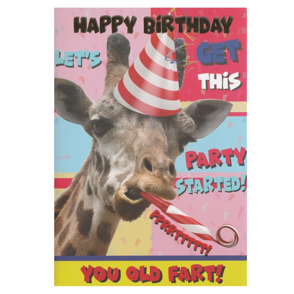 Front of this joke birthday card features a photographic image of a giraffe wearing a party hat with a message 'Happy Birthday' and 'You Old Fart'.