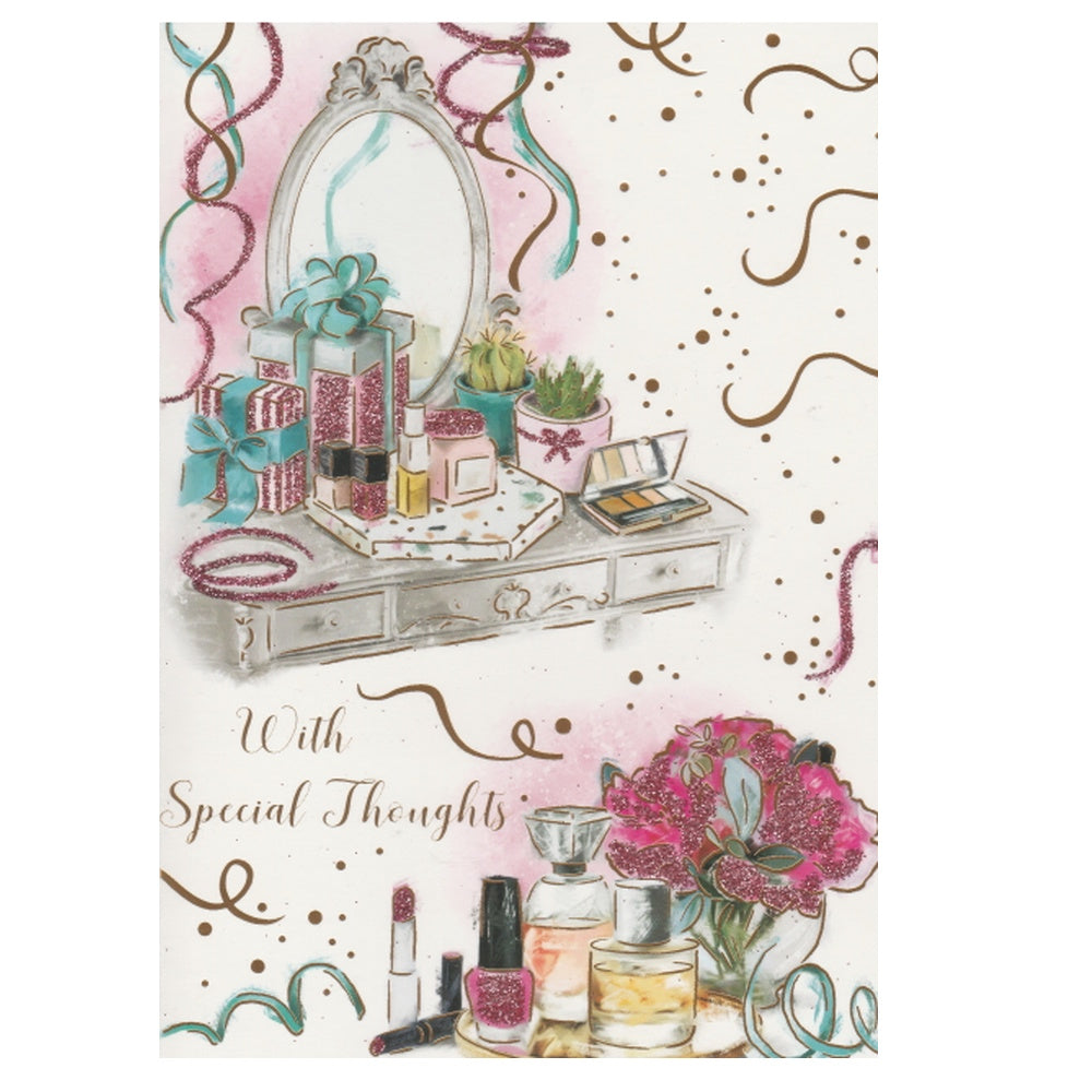 Front of this card features illustrations of a dressing table and perfume bottles, with the text 'With Special Thoughts'.
