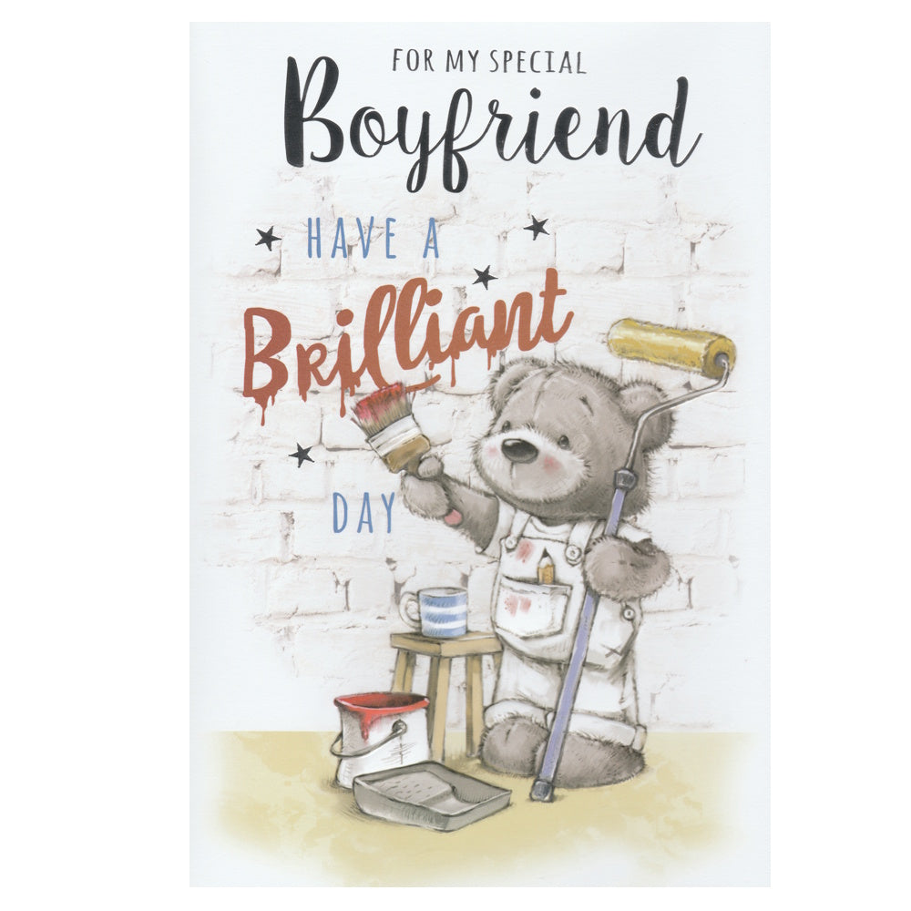 Front of this card features an illustration of a bear wearing overalls painting the word 'Brilliant', paired with a message.