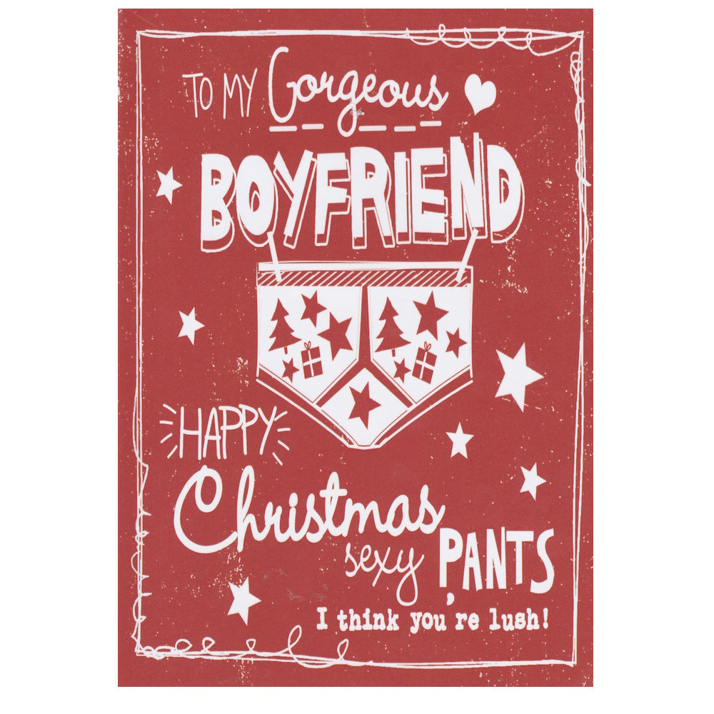 Front of this boyfriend christmas greeting card features an illustration of a pair of underpants with Christmas silhouettes, paired with a message.