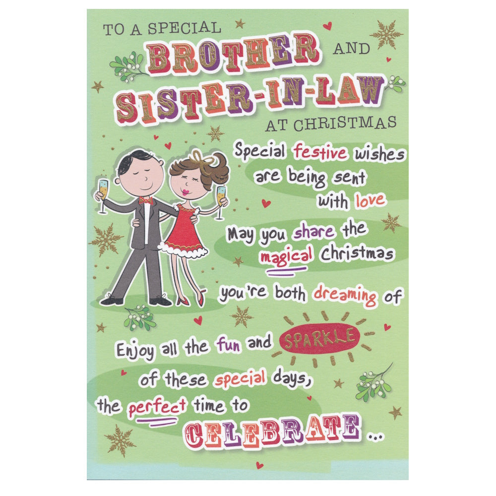 Front of this brother and sister-in-law Christmas card features an illustration of two cartoon characters holding champagne glasses, paired with a message.