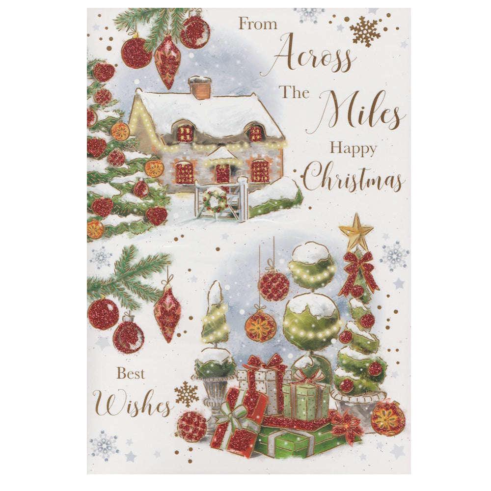 Front of this card features an illustration of a country cottage in a glittery Christmas snowy scene, paired with a message.
