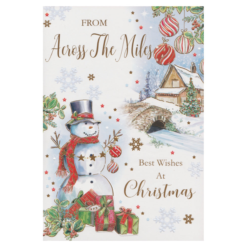Front of this card features an illustration of a snowman in a Christmas snowy scene, paired with a message.