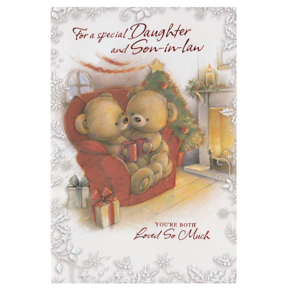 Front of this card features a illustration of teddy bears in front of a roaring fireplace and decorated Christmas tree, paired with a message.