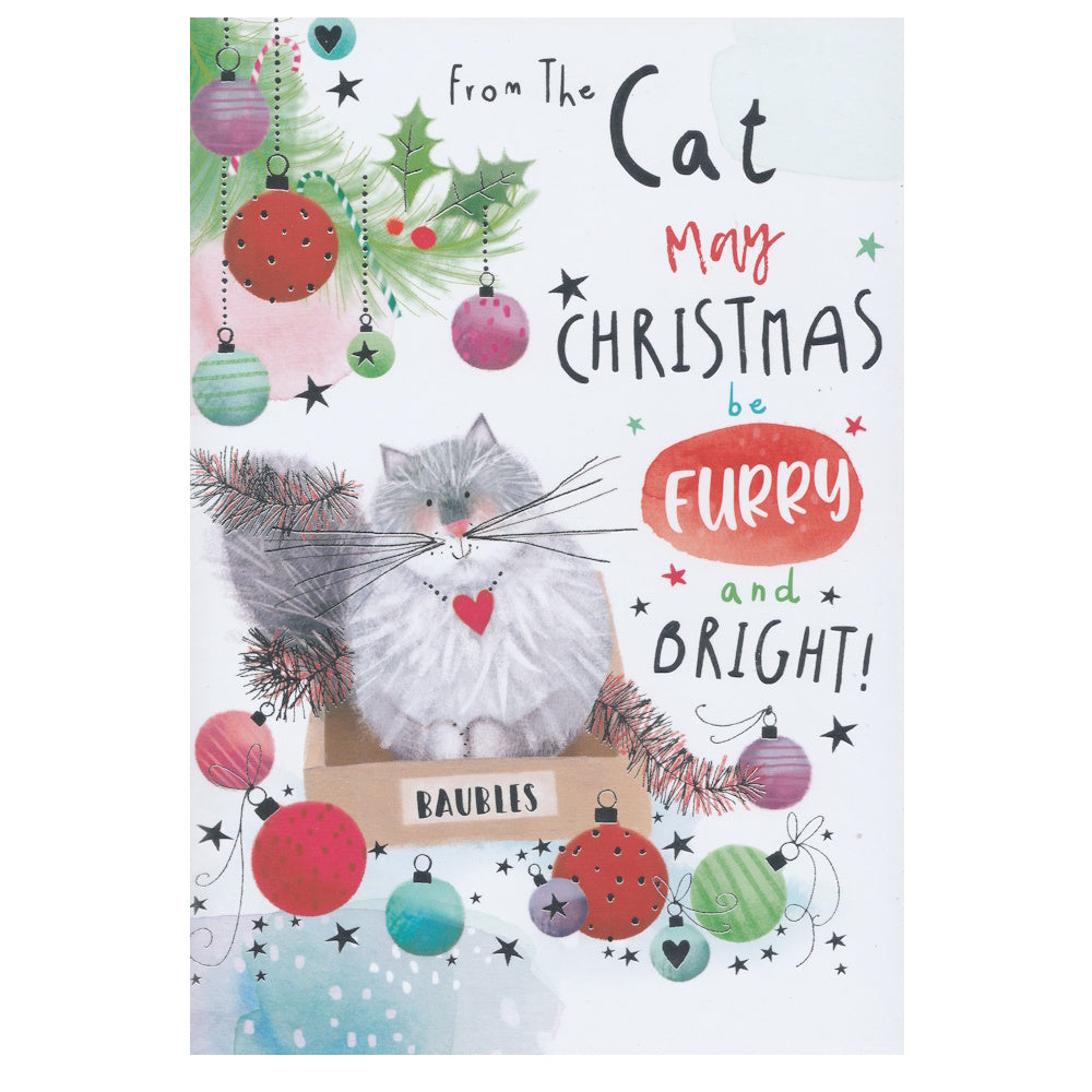 Front of this card features an illustration of a cartoon cat surrounded by baubles in a festive setting, paired with a message.