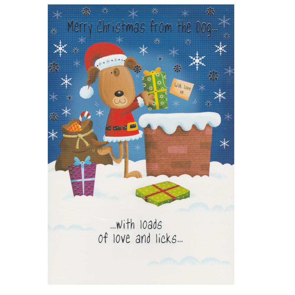 Front of this card features an illustration of a cartoon dog putting presents down a chimney, paired with a message.