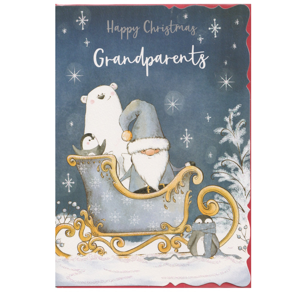 Front of this card features an illustration of a gnome, a polar bear and a penguin sitting in a blue sleigh, paired with a message.