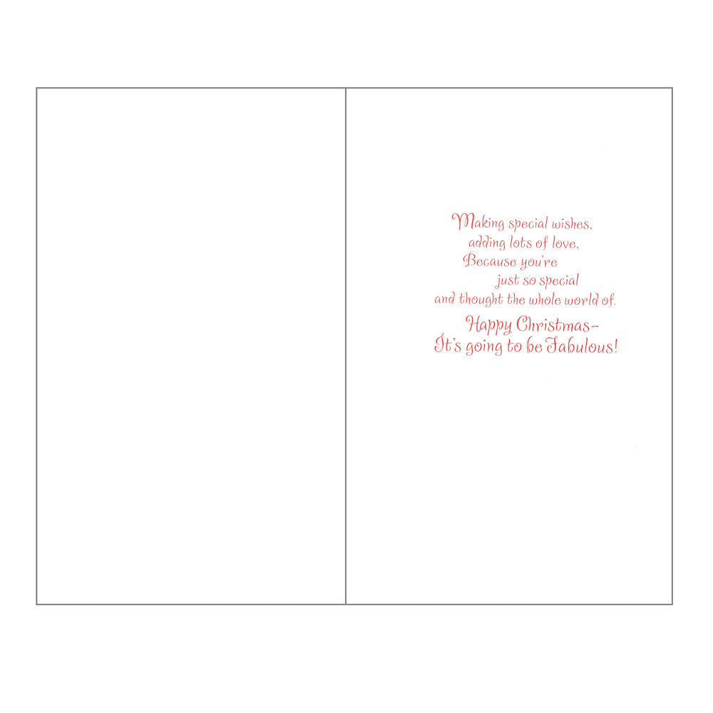 Front of this card features an illustration of Santa with a penguin, reindeer and snowman, paired with a message.