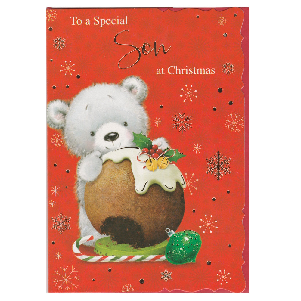 Front of this card features an illustration of a teddy bear and a Christmas pudding, paired with a message.