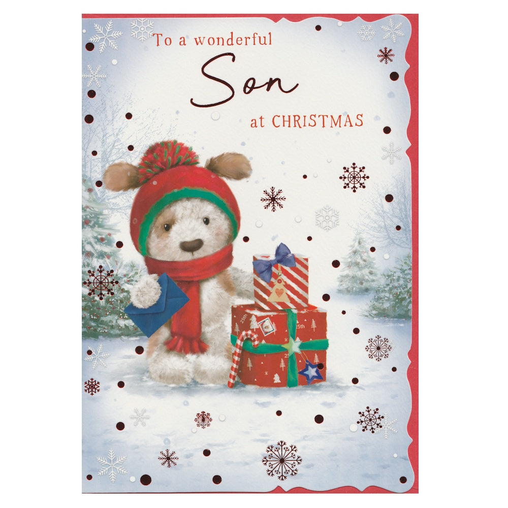 Front of this card features an illustration of a teddy bear with a stack of Christmas presents with the message 'To a wonderful Son at Christmas'.