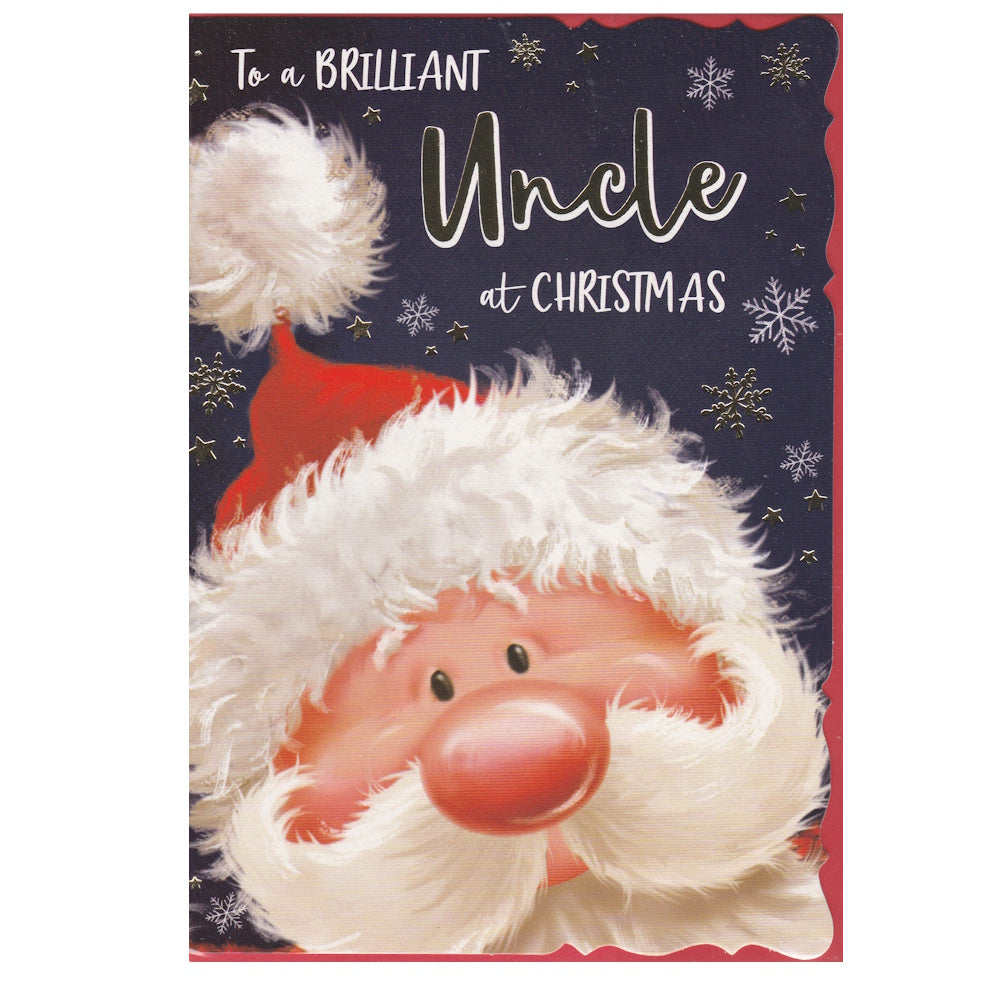 Front of this card features an illustration of Father Christmas with the text 'To a BRILLIANT Uncle at CHRISTMAS'.