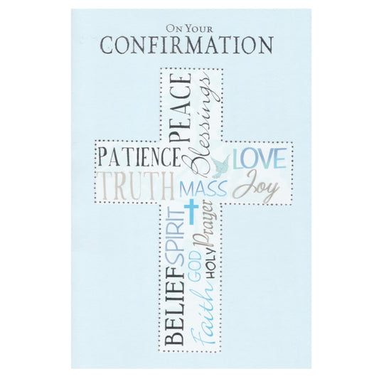 Front of this card features an illustration of a cross filled with religious words, on a blue background.