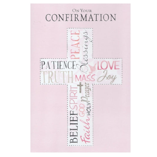 Front of this card features an illustration of a cross filled with religious words, on a pink background.