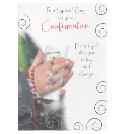 Front of this card features an illustration of a young boy holding a rosary, paired with a message.