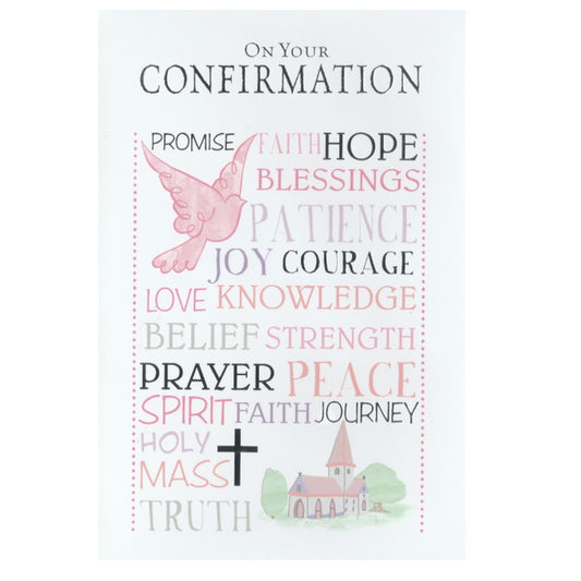 Front of this card features an illustration of a pink dove, a cross and a church scene, paired with a message.