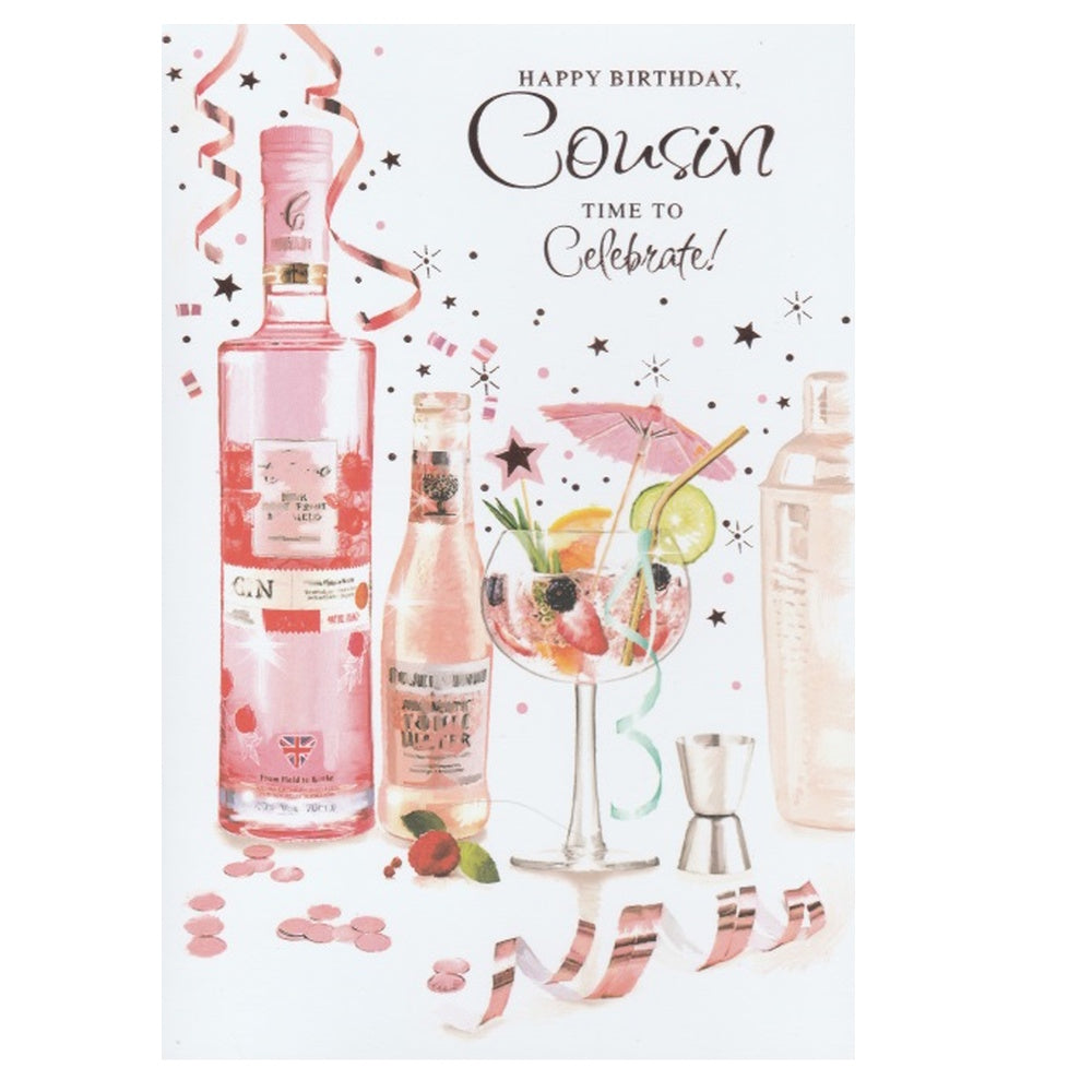 Front of this birthday card features an illustration of a pink bottle, a glass of champagne, and confetti, paired with a message, as shown in product photo.