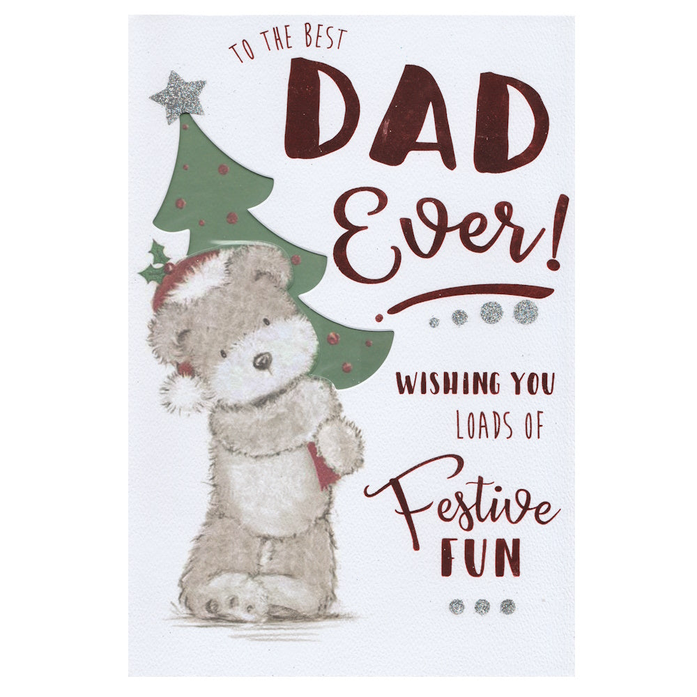 Front of this dad Christmas card features an illustration of a festive bear carrying a Christmas tree, paired with a message.