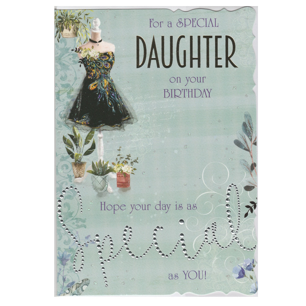 Front of this birthday card features a illustration of a mannequin dummy, paired with a message, as shown in product photo.