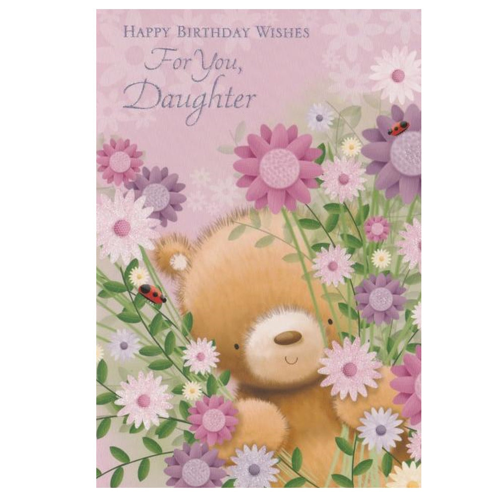 Front of this birthday card features an illustration of a bear peeking out from behind flowers with the text 'Happy Birthday Wishes For You, Daughter', as shown in product photo.