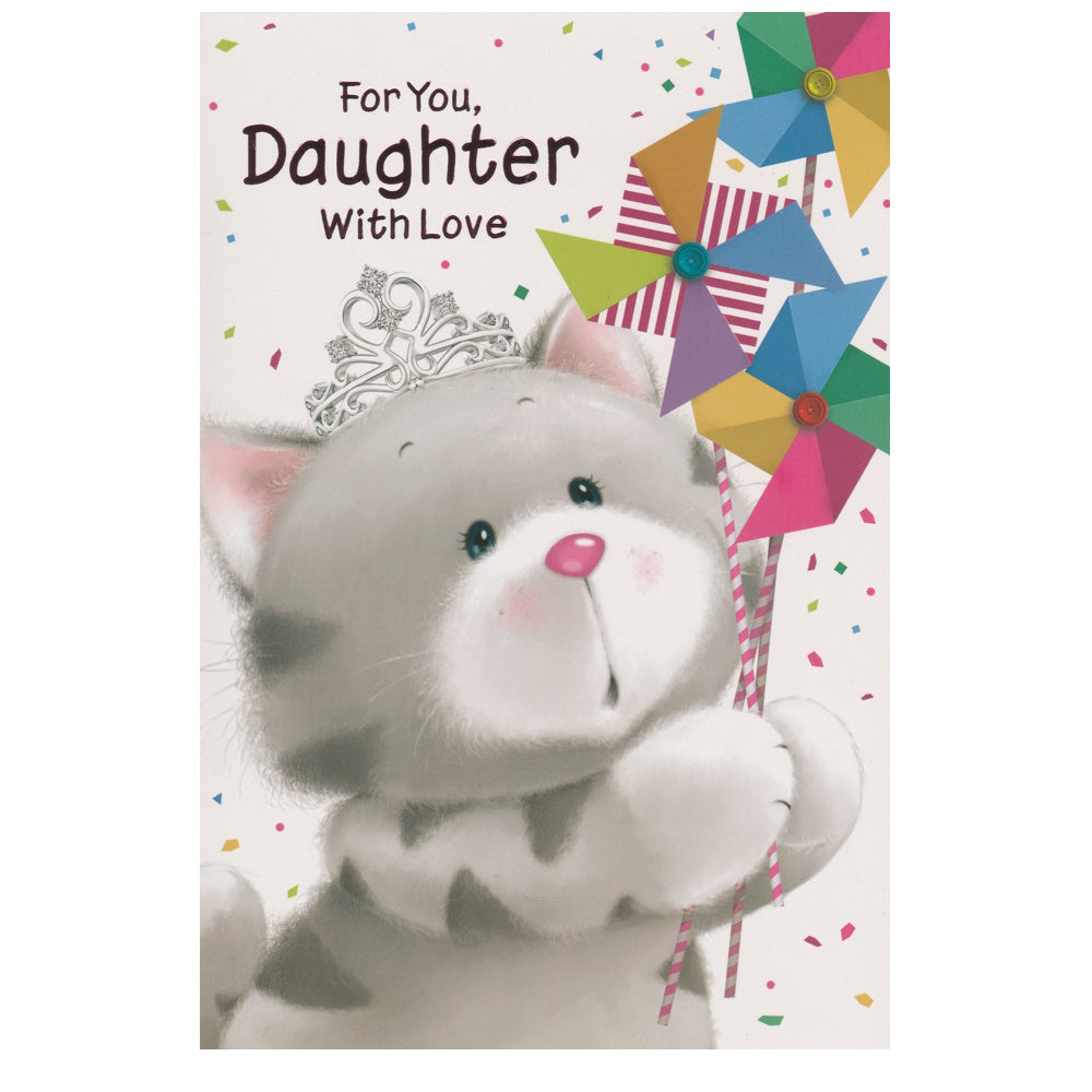 Front of this card features an illustration of a grey cat wearing a tiara, holding three multi-coloured windmills, paired with a message.