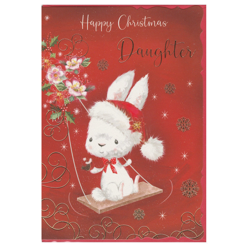 Front of this daughter Christmas card features an illustration of a bunny rabbit wearing a Christmas hat, paired with a message.