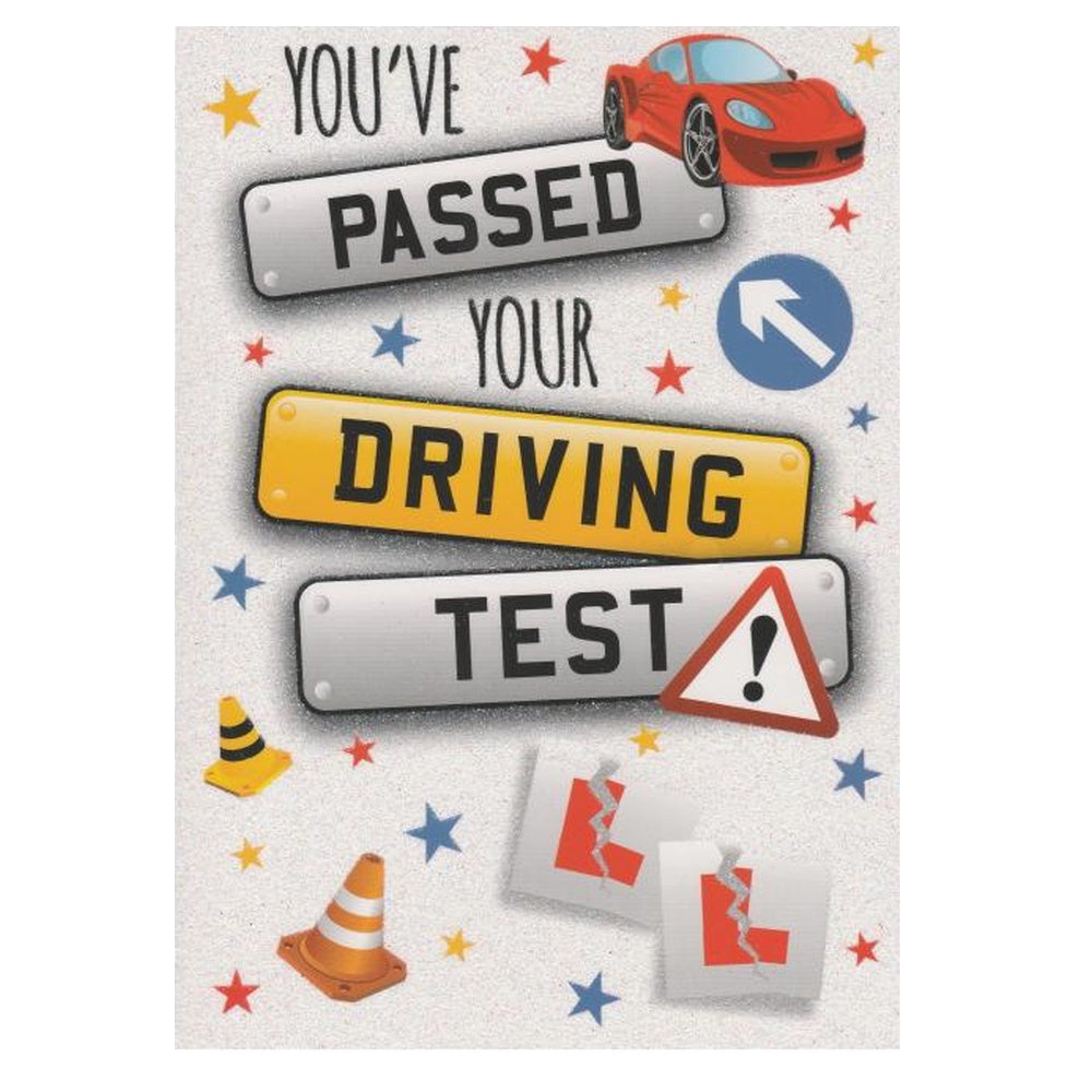 Front of this card features illustrations of a sports car and L plates on a glittered background, paired with a message.
