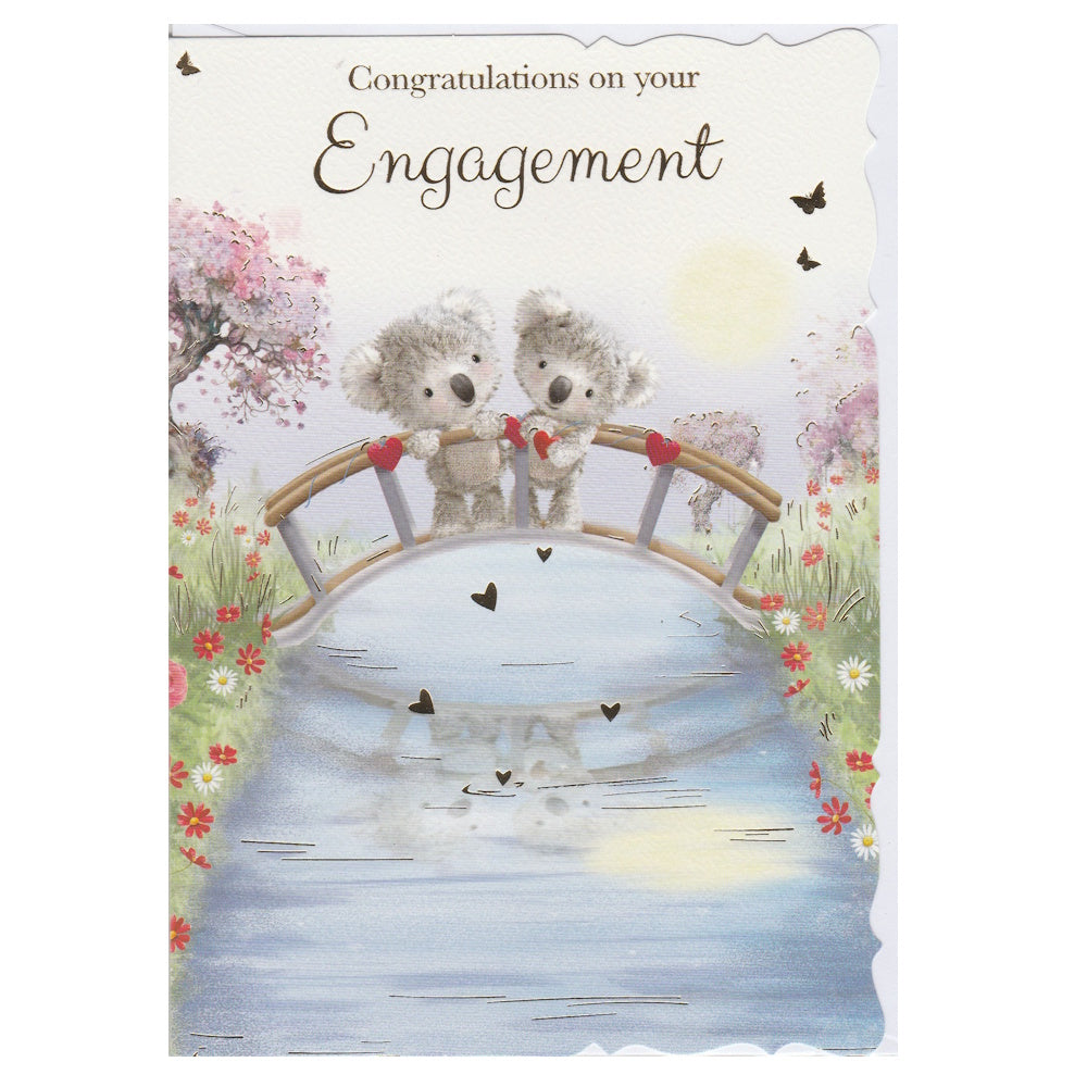 Front of this card features an illustration of two koala bears on a bridge over water, surrounded by flowers and butterflies, with the text 'Congratulations on your Engagement'.