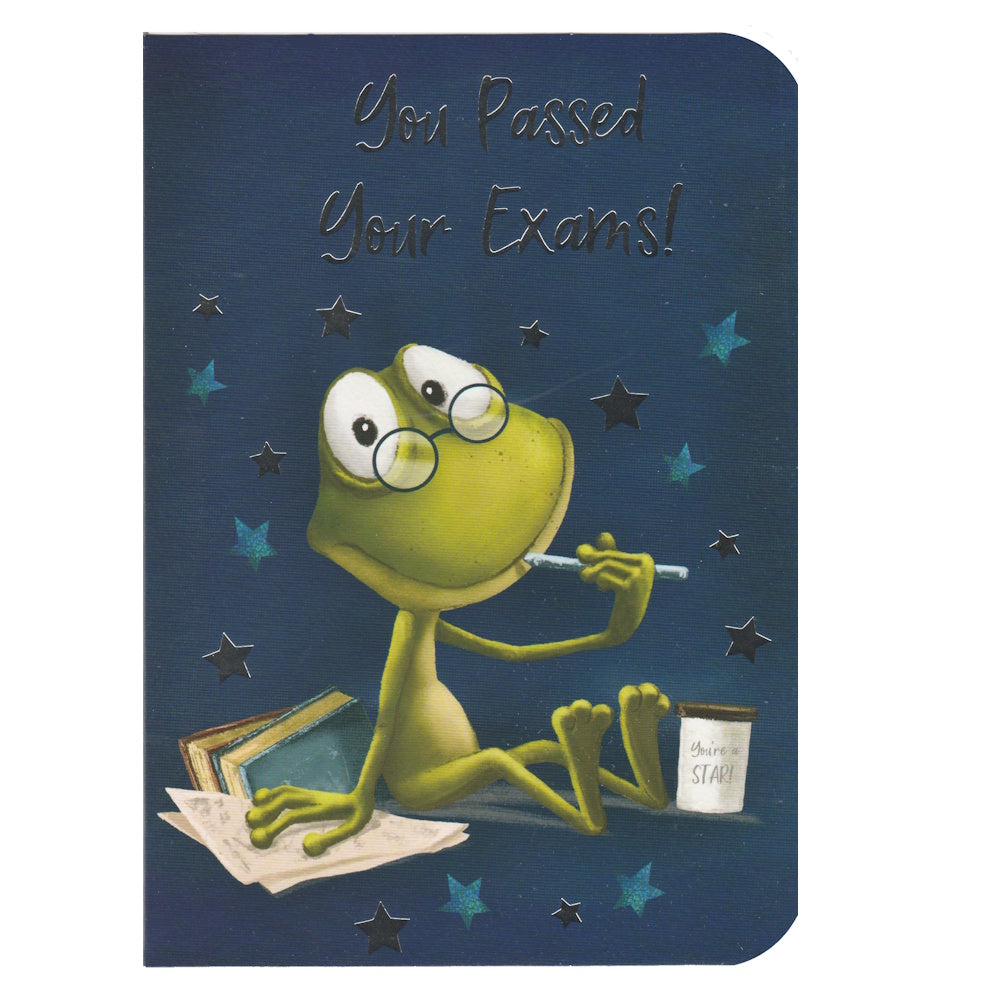 Front of this exam card features an illustration of a spectacle wearing frog with the text 'You Passed Your Exams'.