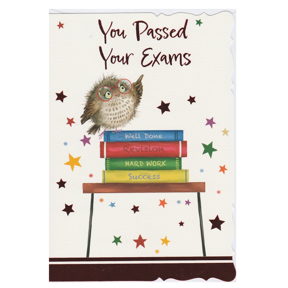 Front of this card features an illustrations of an owl wearing glasses on a pile of books, with the text 'You Passed Your Exams'.