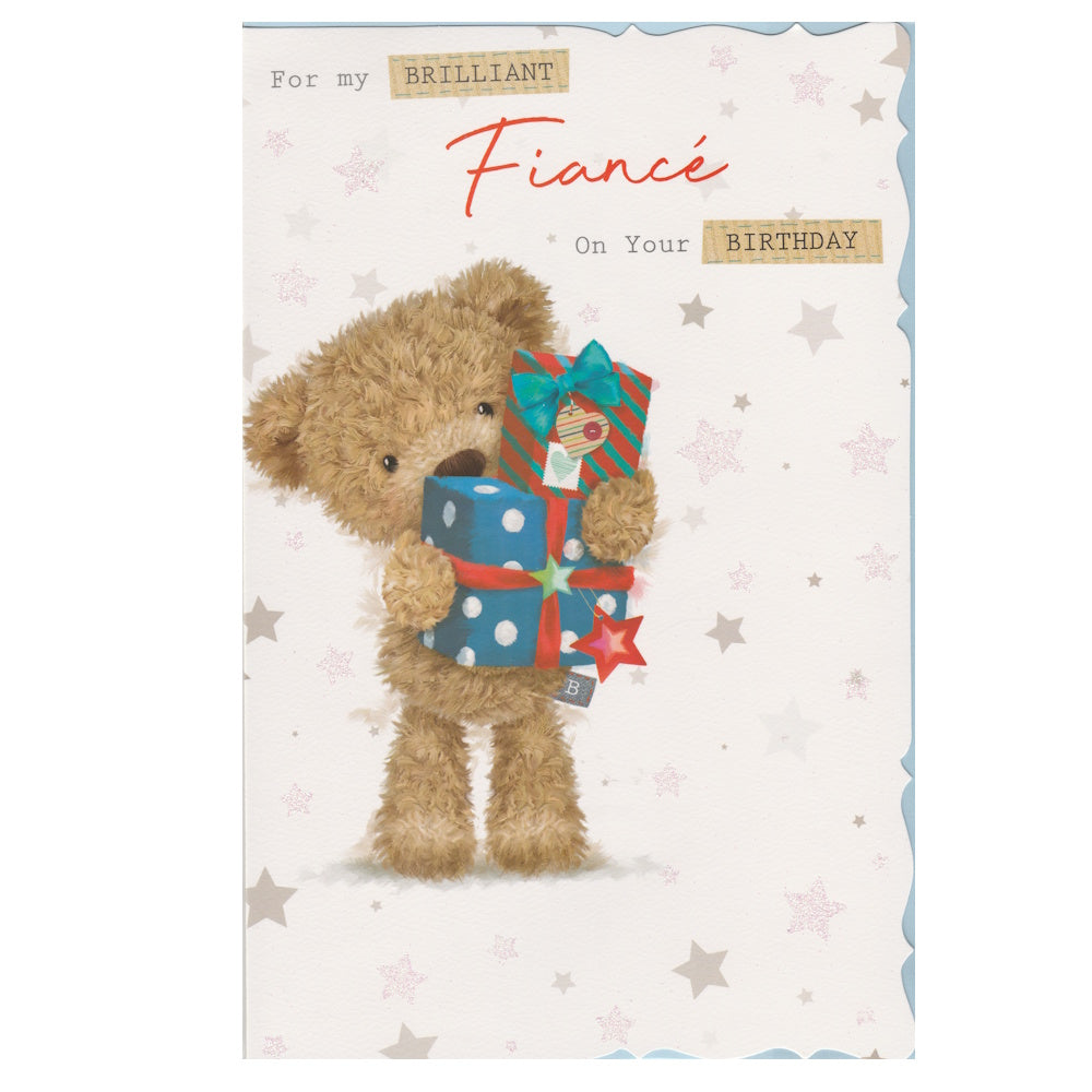This fiancé birthday card has the text 'For my Brilliant Fiancé On Your Birthday'' and an illustration of a bear holding two wrapped presents on a starry background,. Glitter detail.