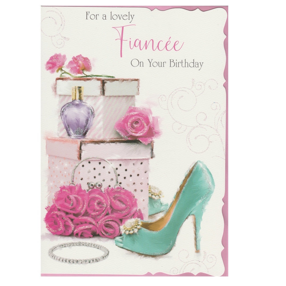 Front of this fiancée birthday card features an illustration of a bear, presents and bunting, paired with a message.
