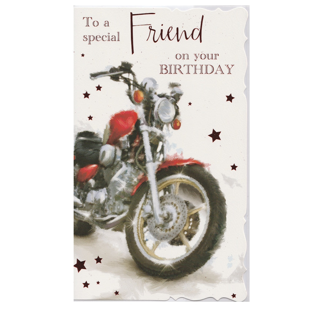 Front of this birthday card features an illustration of a red motorbike, and a message that reads 'To a Special Friend, on your BIRTHDAY'.