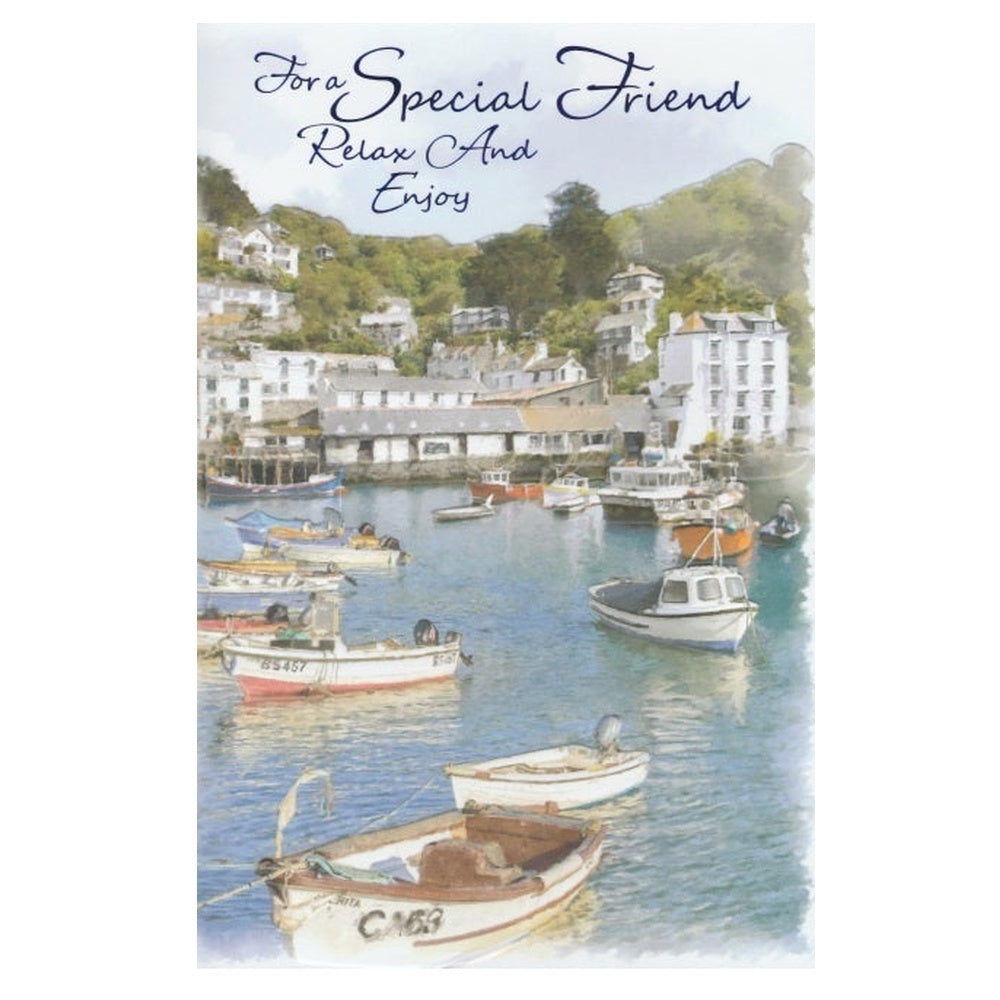 Front of this card features an illustration of a harbour scene with boats and buildings, and a message that reads 'To a Special Friend, Relax And Enjoy'.