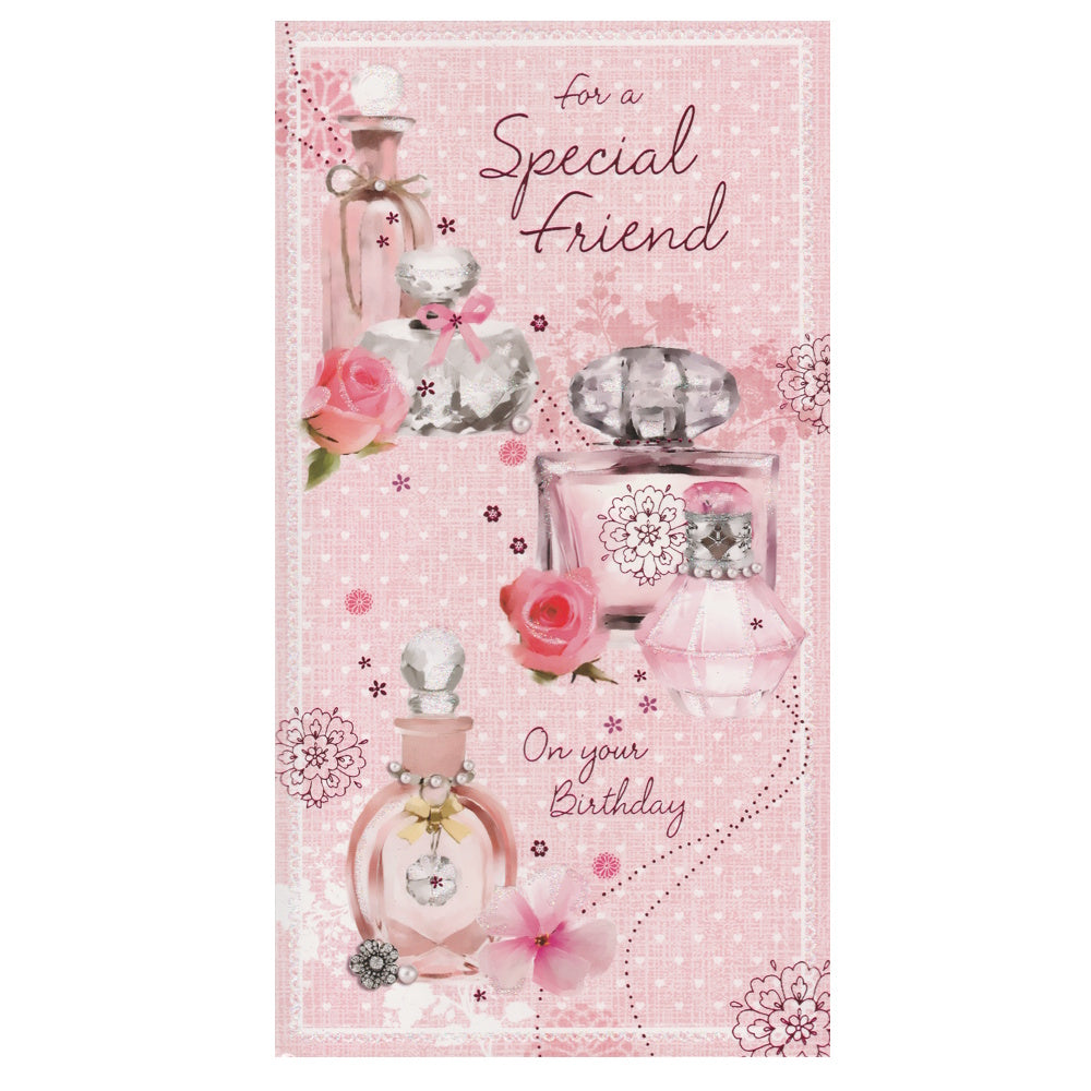 This friend birthday card has illustrations of perfume bottles on a pink background with white dots, paired with a message. pink foil and glitter detail.