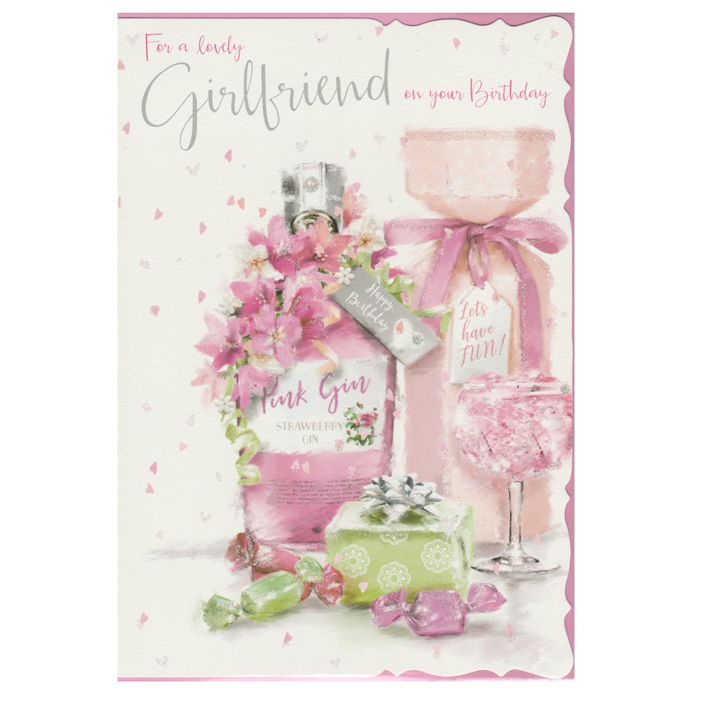 This girlfriend birthday card has the text 'For a lovely Girlfriend on your Birthday' and an illustration of a bottle labelled pink gin, adorned with flowers, bows, sweets and a present. Glitter detail.