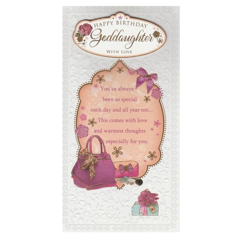 Front of this goddaughter birthday card features an illustration of a handbag and present, paired with a message.