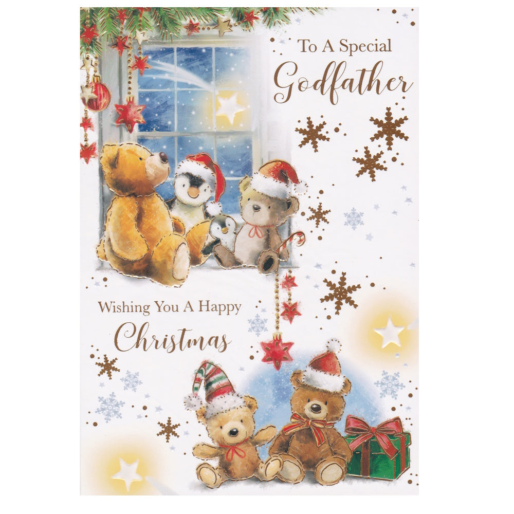 Front of this godfather Christmas card features illustrations of teddy bears and a penguin, in a Christmas themed setting, paired with a message.