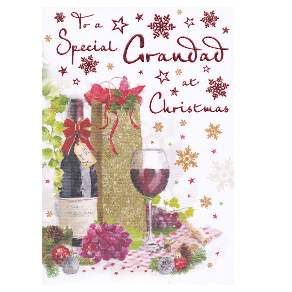 Front of this grandad Christmas card features an illustration of a wine bottle, glass and gold glittered bottle bag, paired with a message.