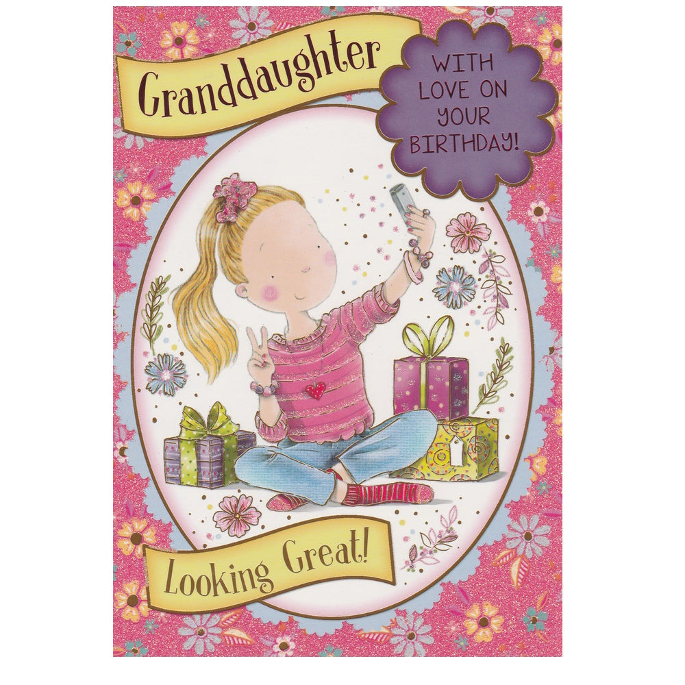 Front of this granddaughter birthday card features an illustration of a blonde haired girl surrounded by presents, paired with a message.