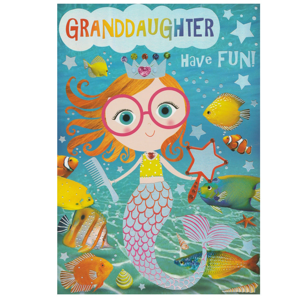 Front of this granddaughter birthday card features an illustration of a mermaid wearing glasses, paired with a message.