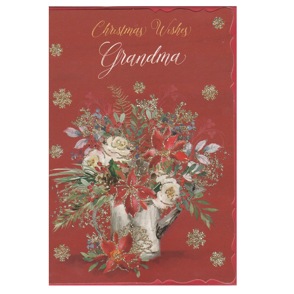 Front of this grandma Christmas card features an illustration of a large bouquet of Christmas flowers with the text 'Christmas Wishes Grandma'.