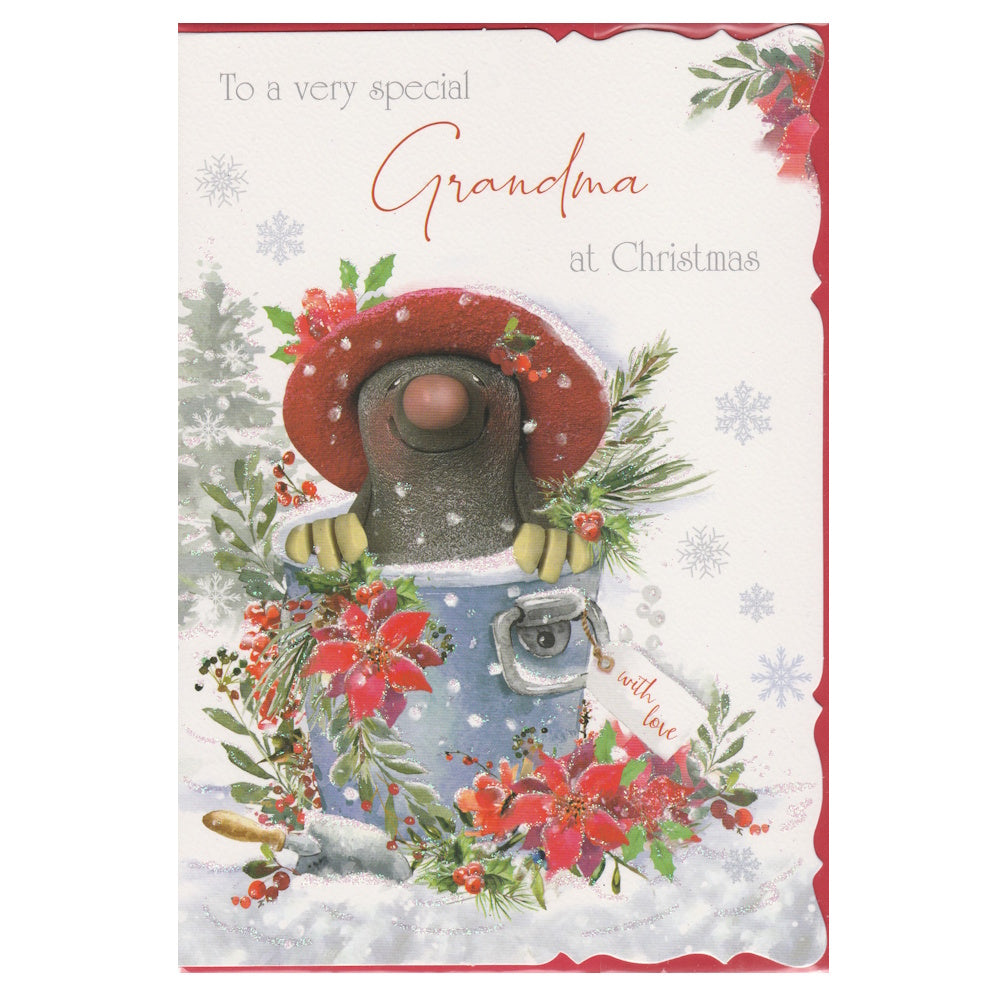 Front of this grandma Christmas card features an illustration of a mole sitting in a bucket, surrounded by Christmas poinsettias, paired with a message.